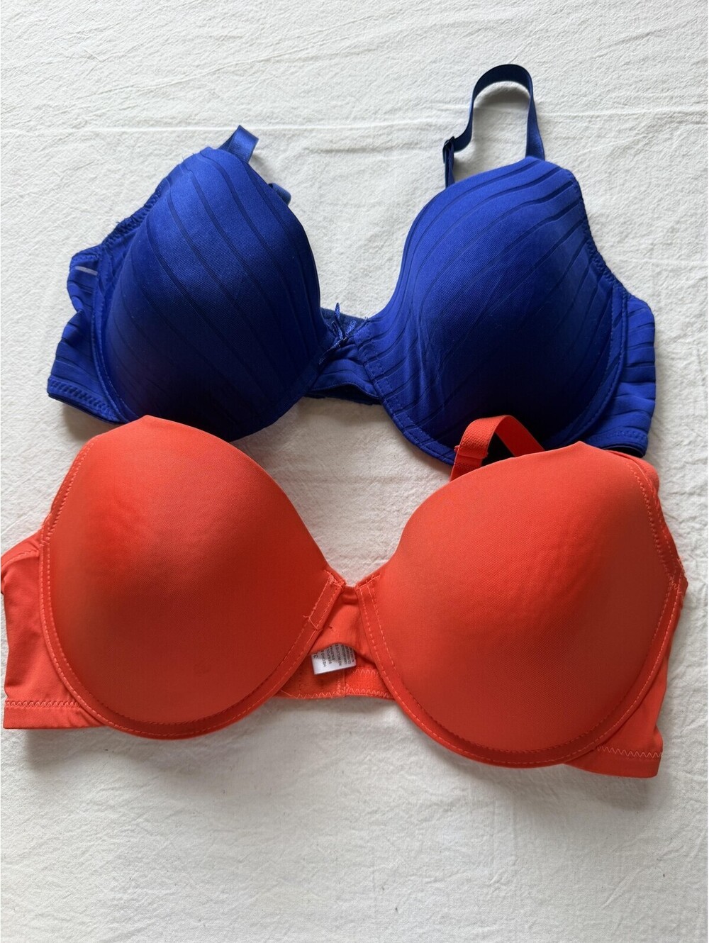 Lot 2 Bras Womens 38D Orange Blue Striped T Shirt Padded Underwire Microfiber